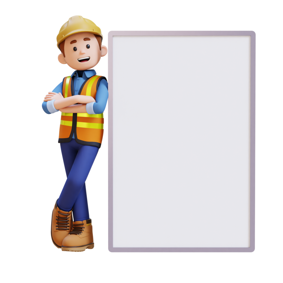 3D Construction Worker Character Lying on Blank Placard in Crossed Arm Pose png