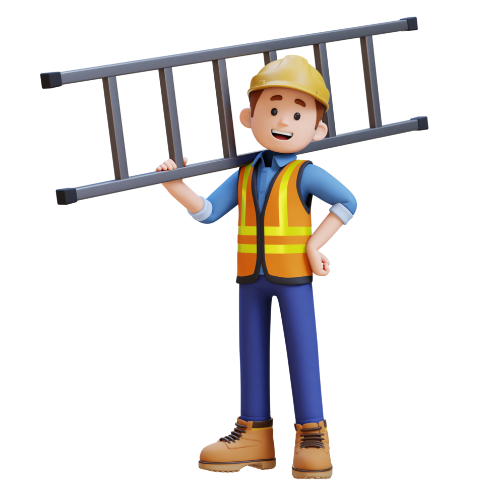 3D Construction Worker Character Carrying Ladder on Shoulder png