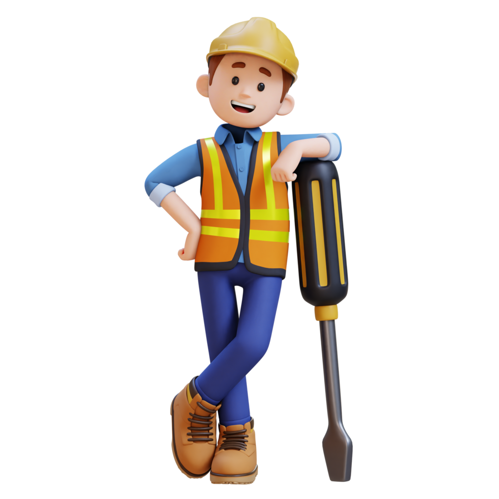 3D Construction Worker Character Lying on Big Screwdriver png