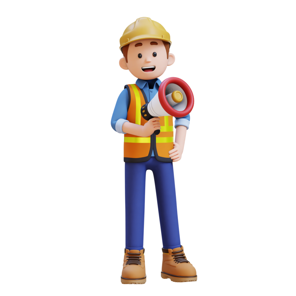 3D Construction Worker Character Holding Megaphone png