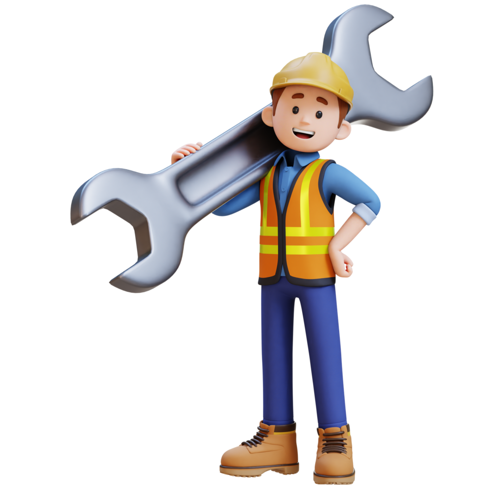 3D Construction Worker Character Carrying Big Wrench on Shoulder png