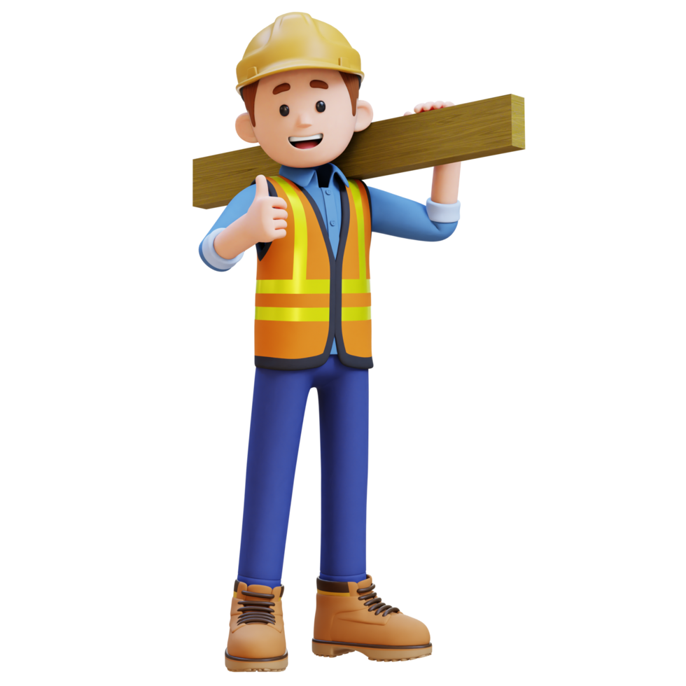 3d construção trabalhador personagem carregando madeira pranchas em ombro png