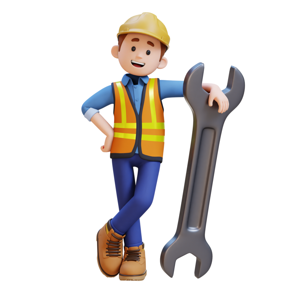 3D Construction Worker Character Lying on Big Wrench png