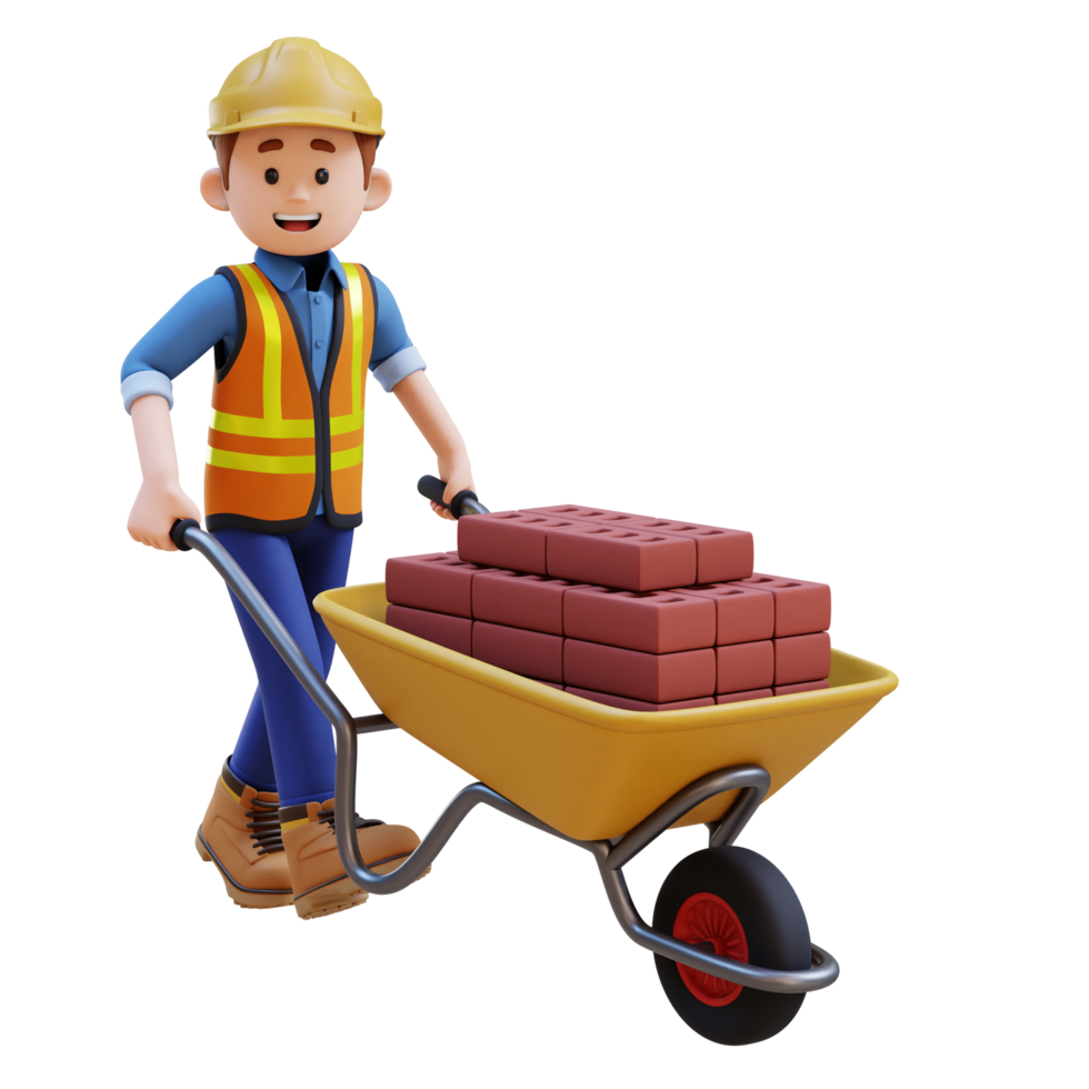 3d construção trabalhador personagem carregando tijolos com carrinho de mão png
