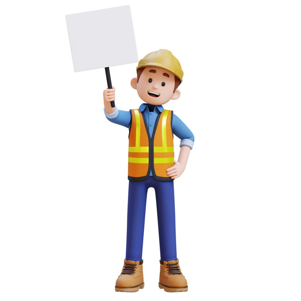 3D Construction Worker Character Holding Empty Placard png