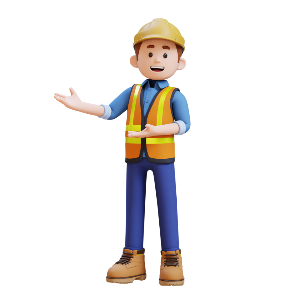 3D Construction Worker Character Presenting to the Right Pose png