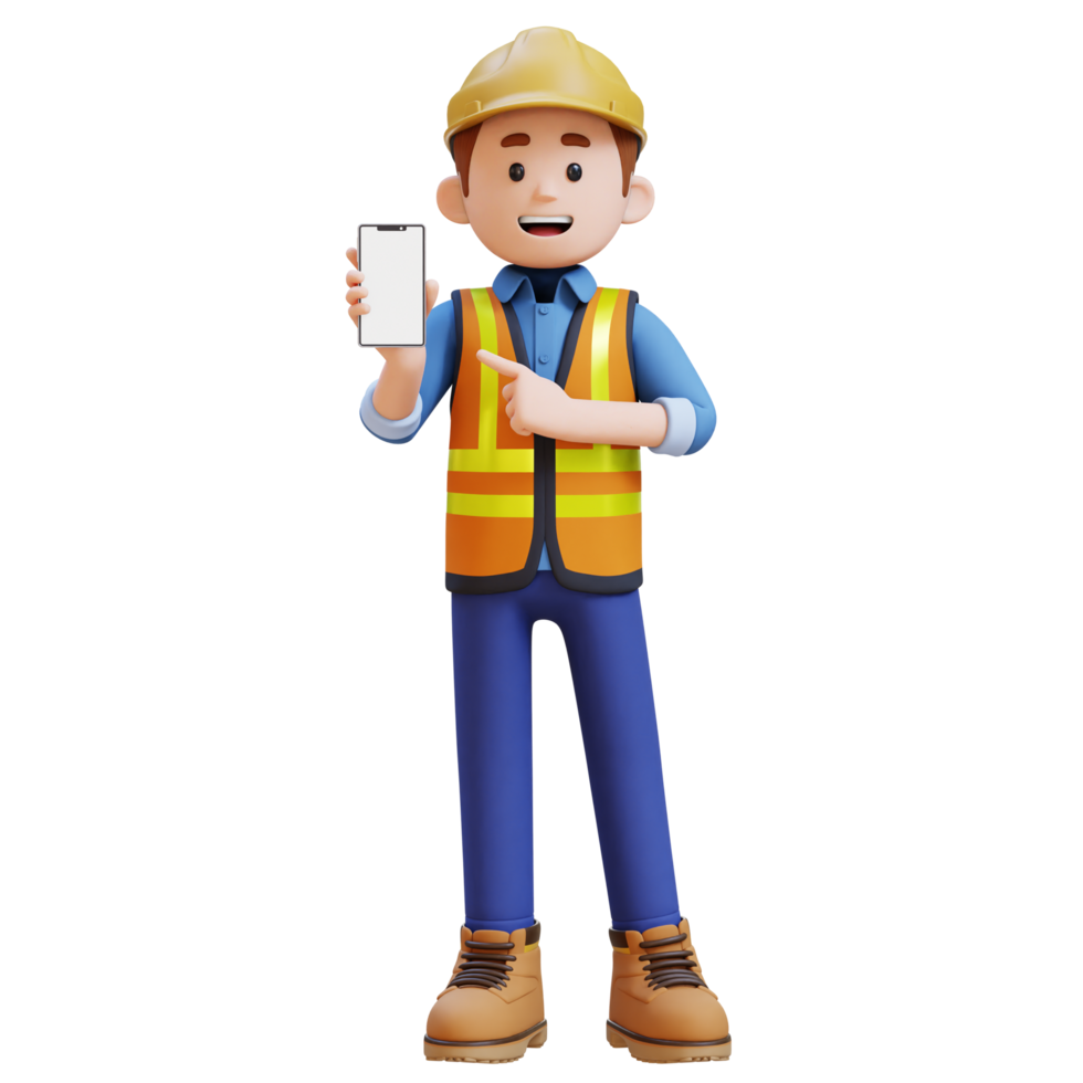 3d construção trabalhador personagem apontando para esvaziar telefone tela png