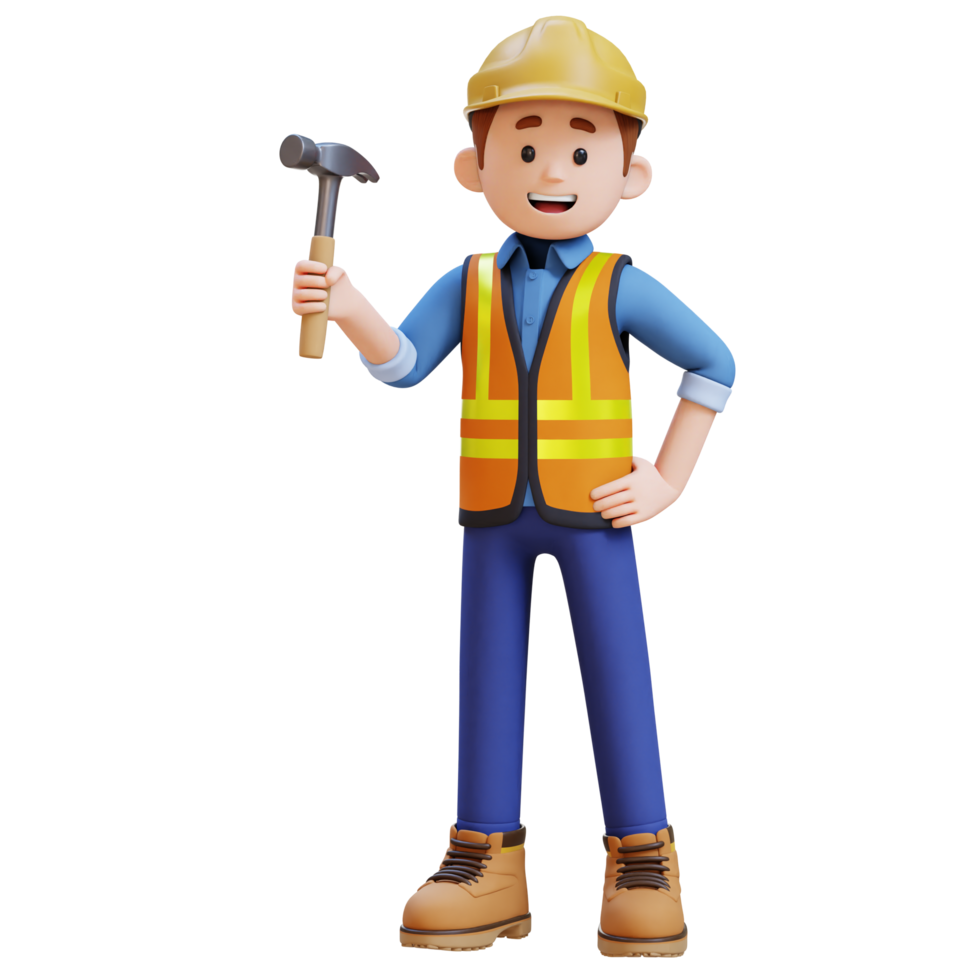 3D Construction Worker Character Holding Hammer in Confident Pose png