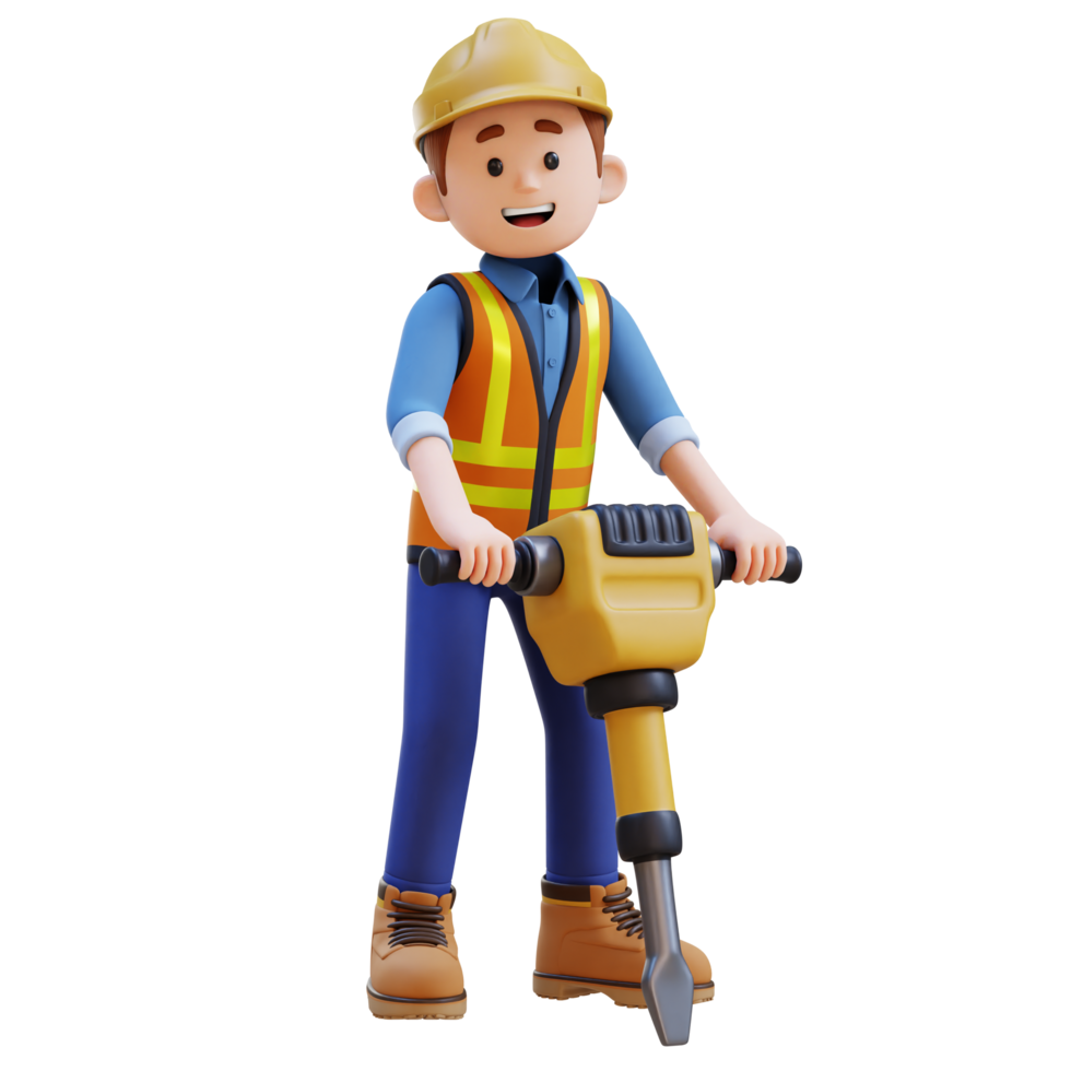3D Construction Worker Character Working with Jackhammer png