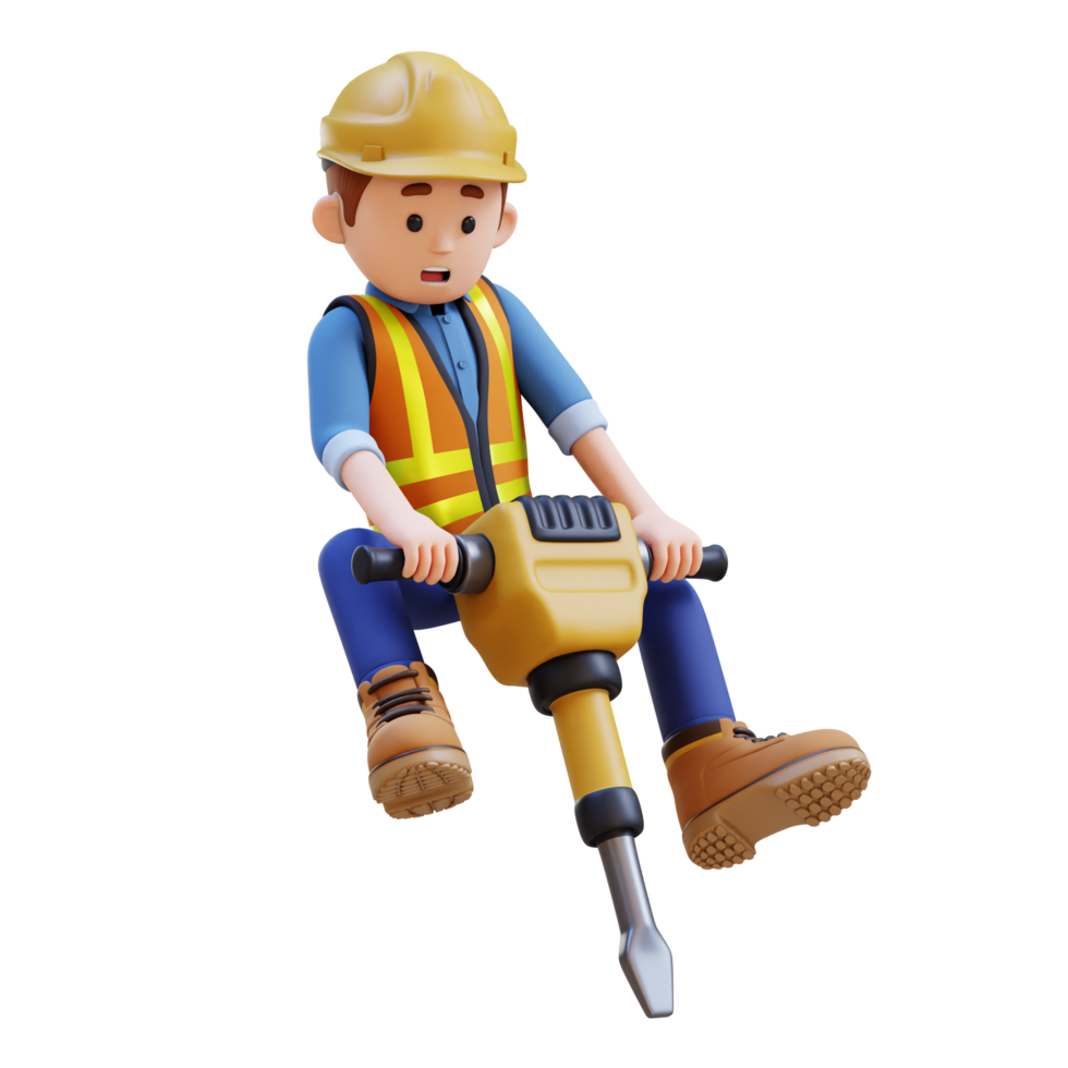 3D Construction Worker Character Working with Jackhammer png