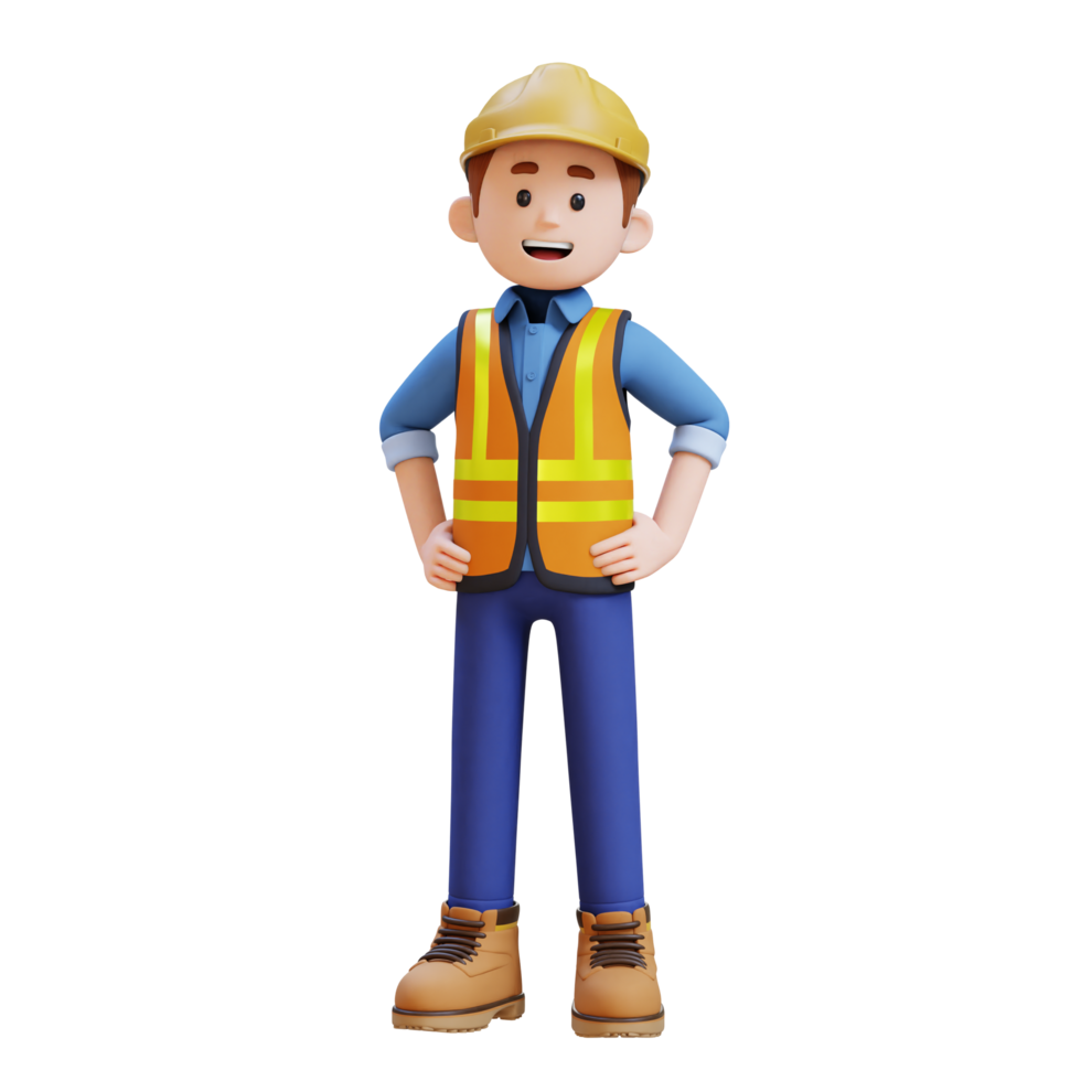 3D Construction Worker Character Standing with Hand on hip png