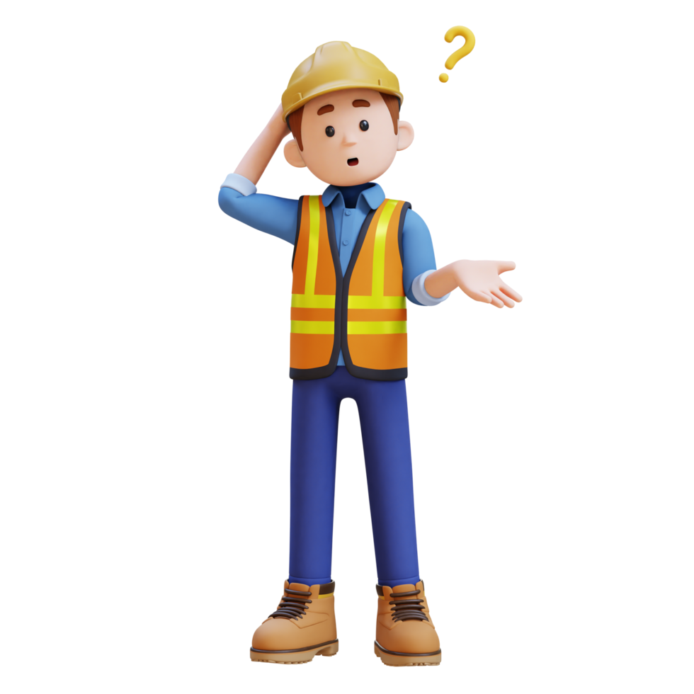 3D Construction Worker Character Confused and Thinking Pose png