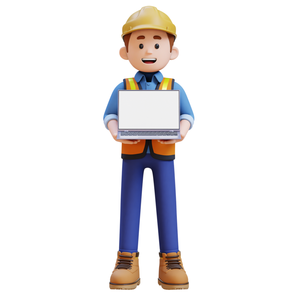 3D Construction Worker Character Holding Laptop with Empty Screen png