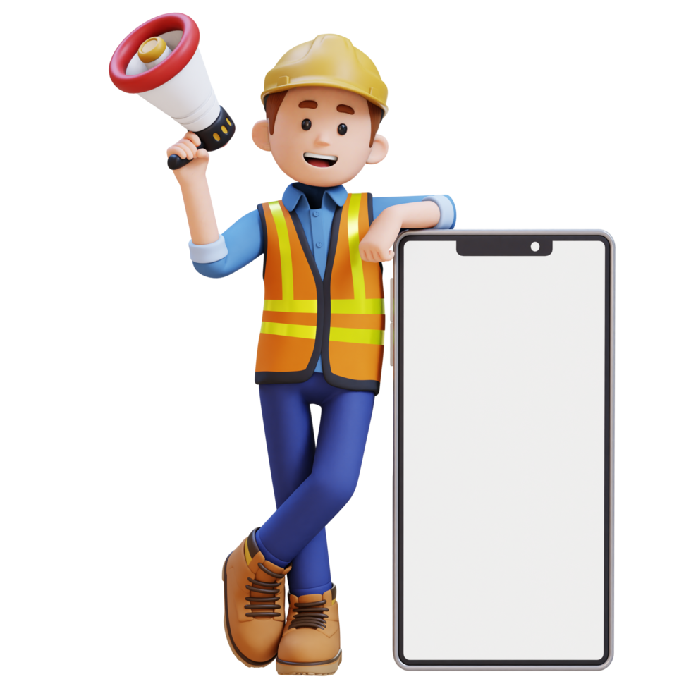 3d construction ouvrier personnage en portant mégaphone et mensonge sur gros vide téléphone écran png