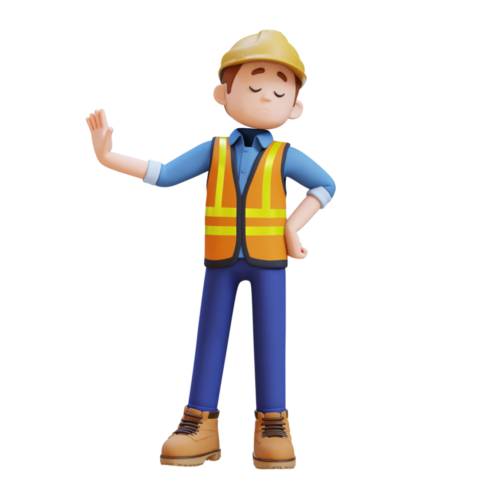 3D Construction Worker Character in Stop Refusal Pose png