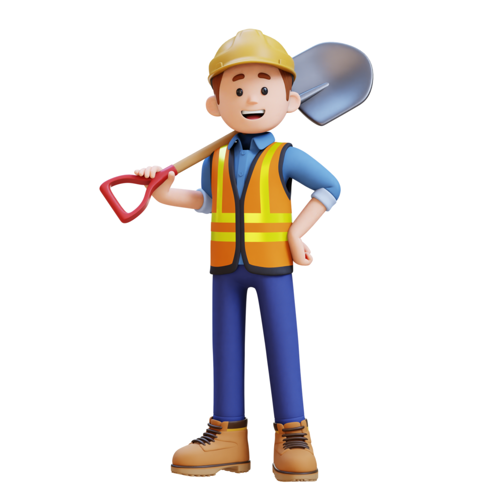 3D Construction Worker Character Holding a Shovel in Confident Pose png