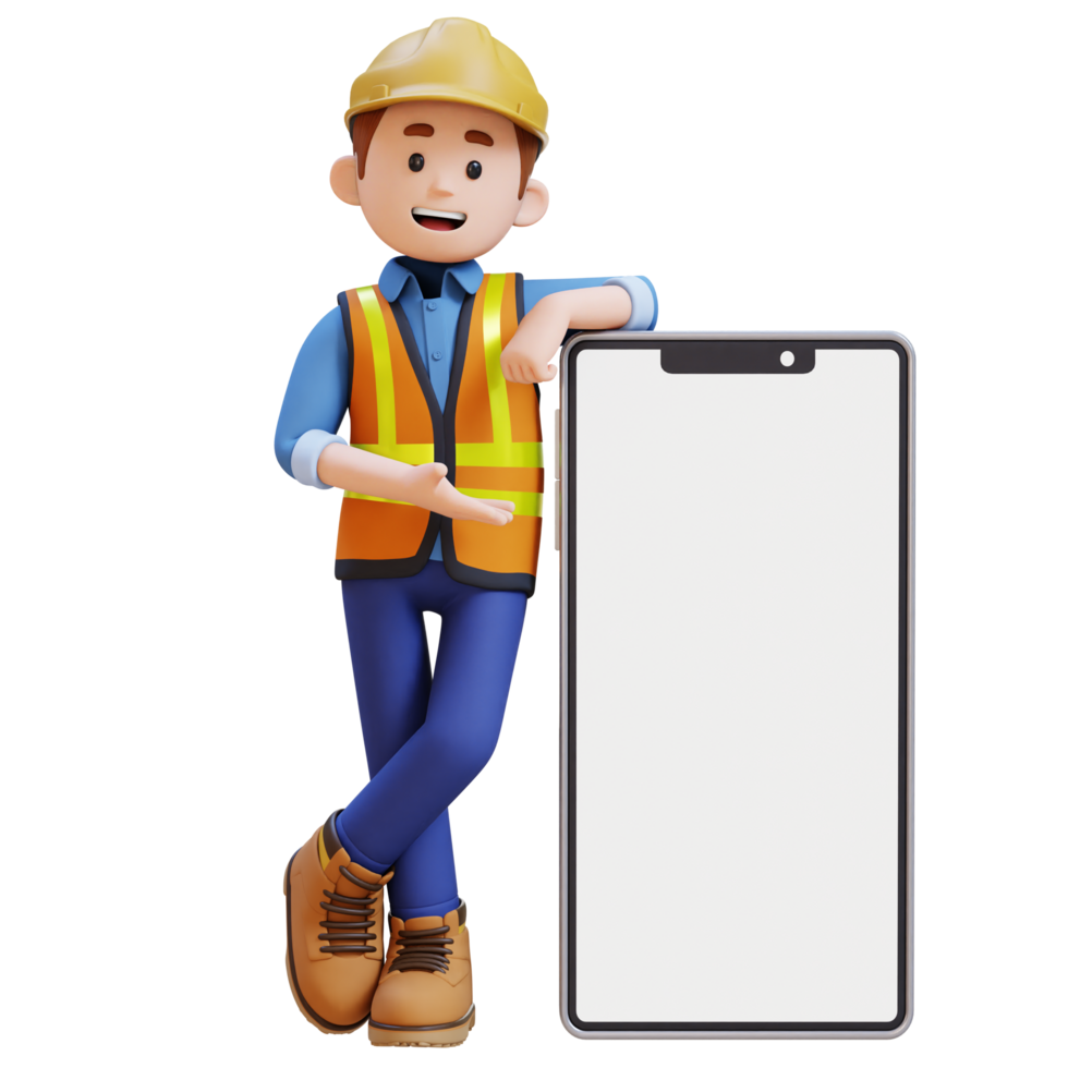 3D Construction Worker Character Presenting and Lying on Big Empty Phone Screen png