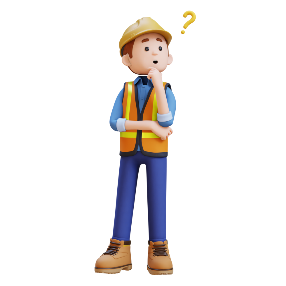 3D Construction Worker Character Confused and Thinking Pose png