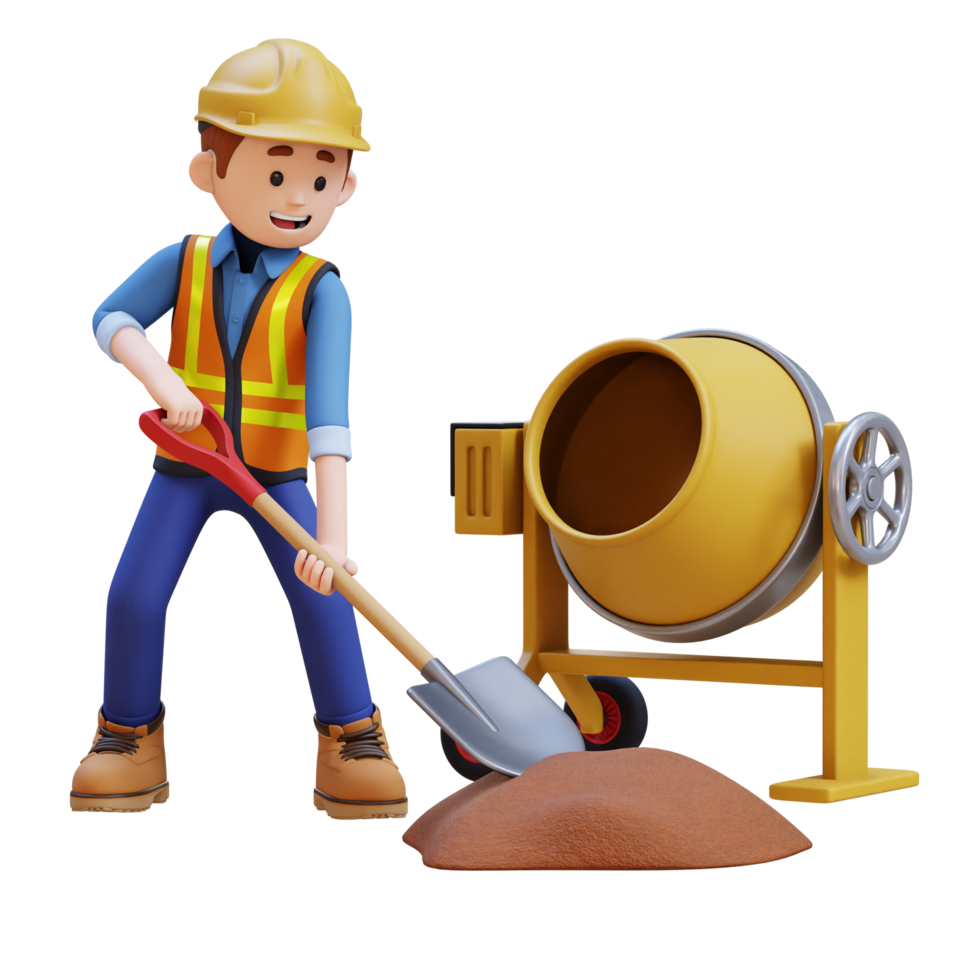 3d construction ouvrier personnage travail avec pelle et une béton mixer fabrication ciment png