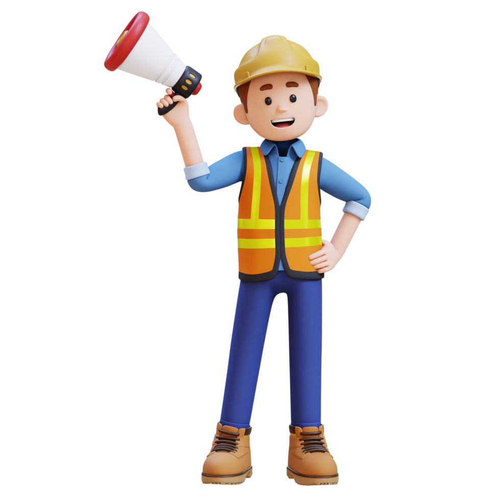 3D Construction Worker Character Holding Megaphone png
