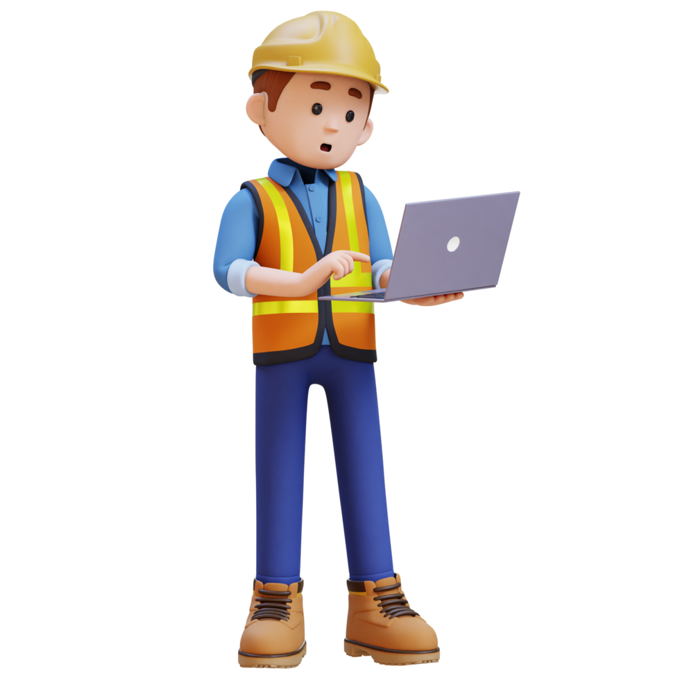 3D Construction Worker Character Working on a Laptop png