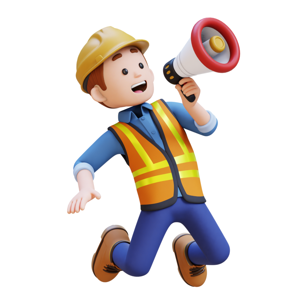 3D Construction Worker Character Holding Megaphone png