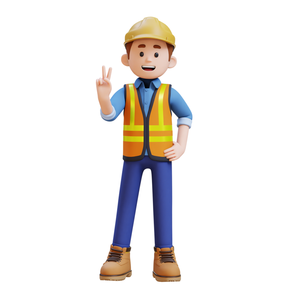 3D Construction Worker Character Giving Peace Hand Sign Pose png