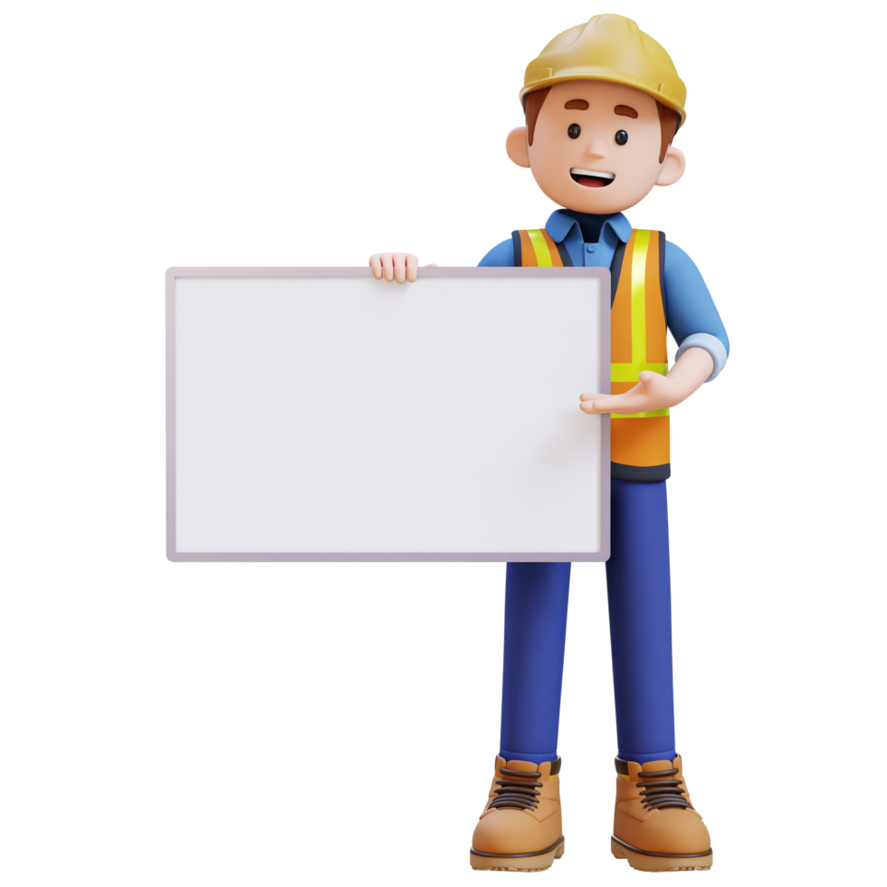 3D Construction Worker Character Holding Empty Placard png