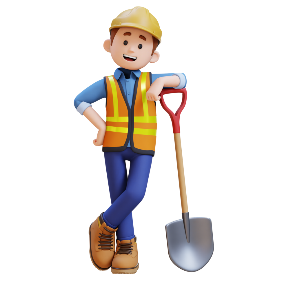 3D Construction Worker Character Lying on a Shovel png