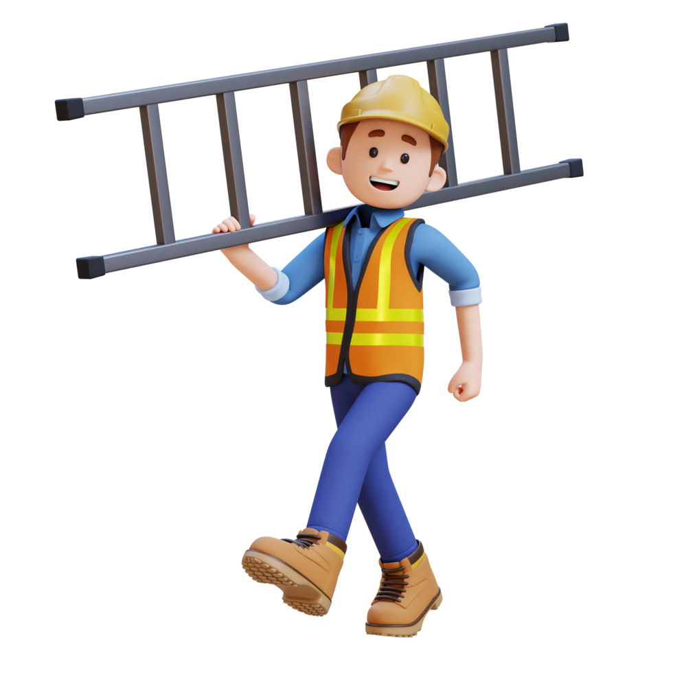 3d construcción trabajador personaje caminando y que lleva escalera en hombro png