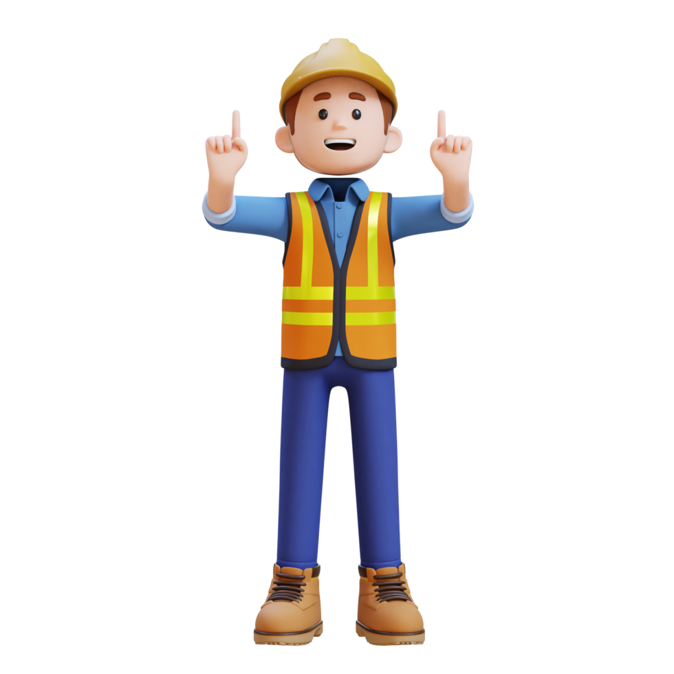 3D Construction Worker Character Pointing Upward png