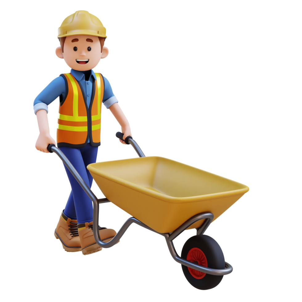 3D Construction Worker Character Work on Wheelbarrow png