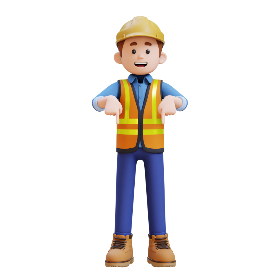 3D Construction Worker Character Pointing Downward png