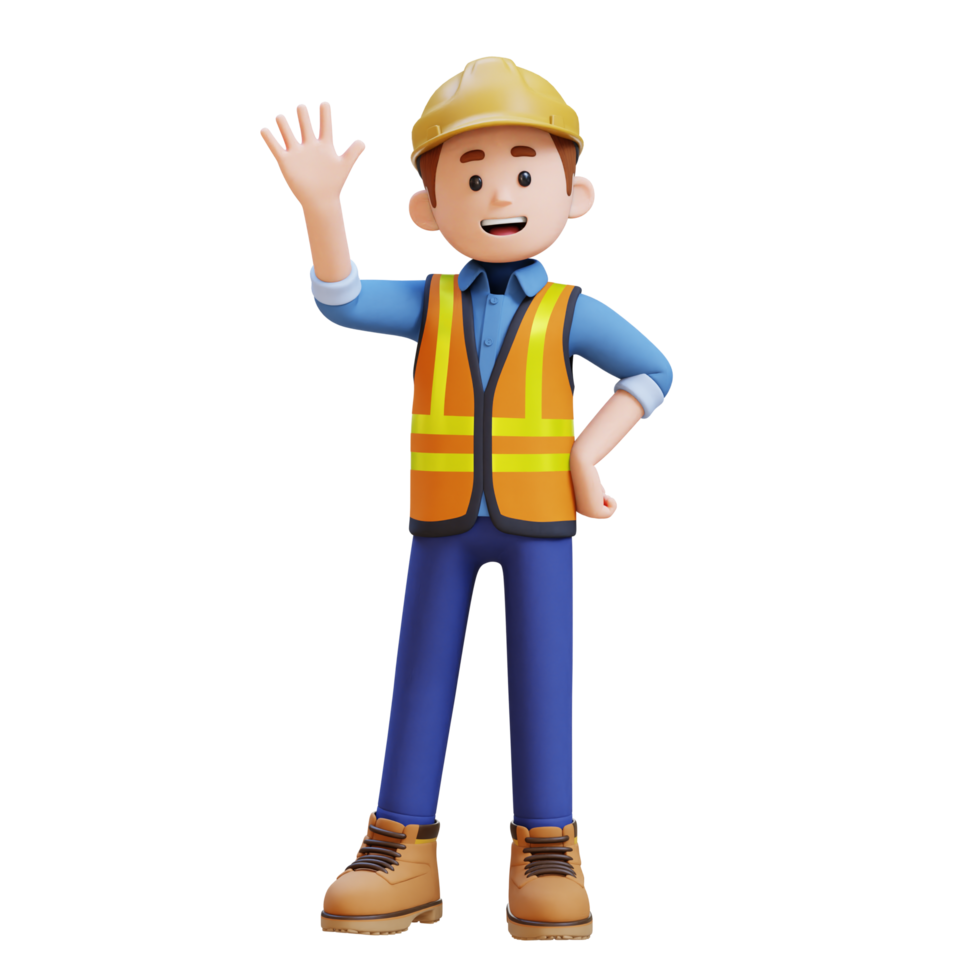 3D Construction Worker Character Waving Hand Pose png