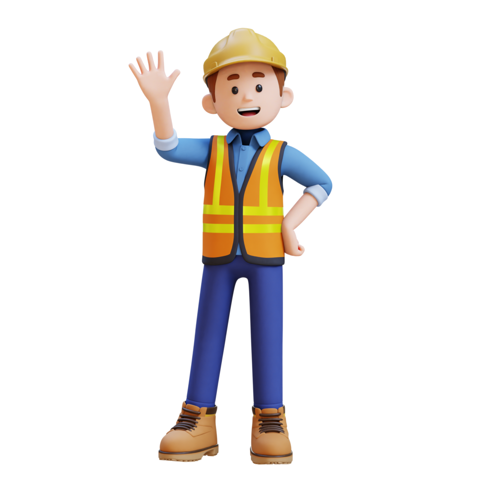 3D Construction Worker Character Waving Hand Pose png