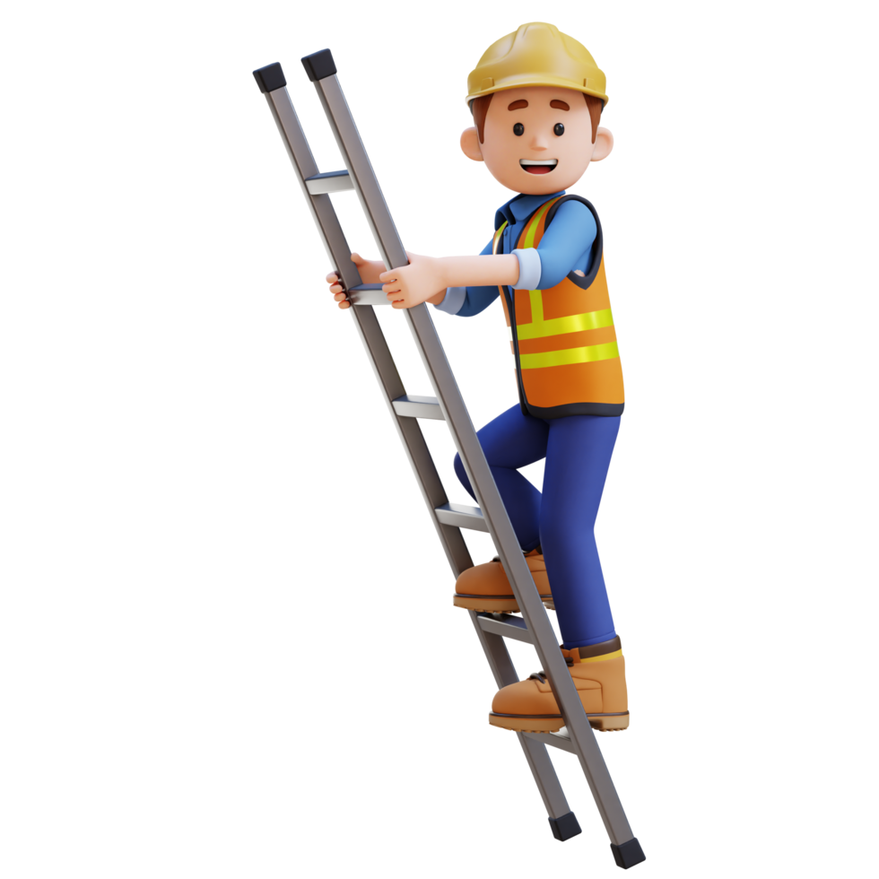 3D Construction Worker Character Climbs the Ladder png