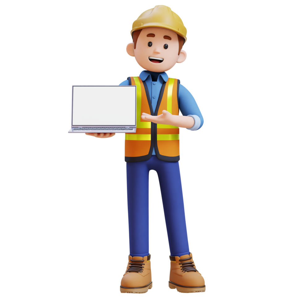 3D Construction Worker Character Presenting on Empty Computer Screen png