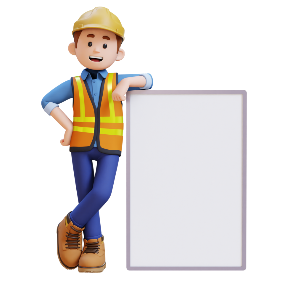 3D Construction Worker Character  Lying on Blank Placard png