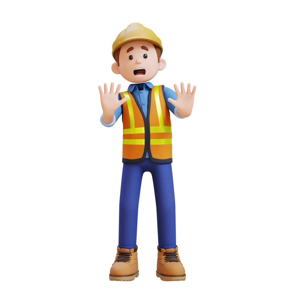 3d construção trabalhador personagem medo e negação poses png