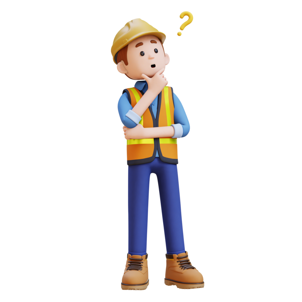 3D Construction Worker Character Confused and Thinking Pose png