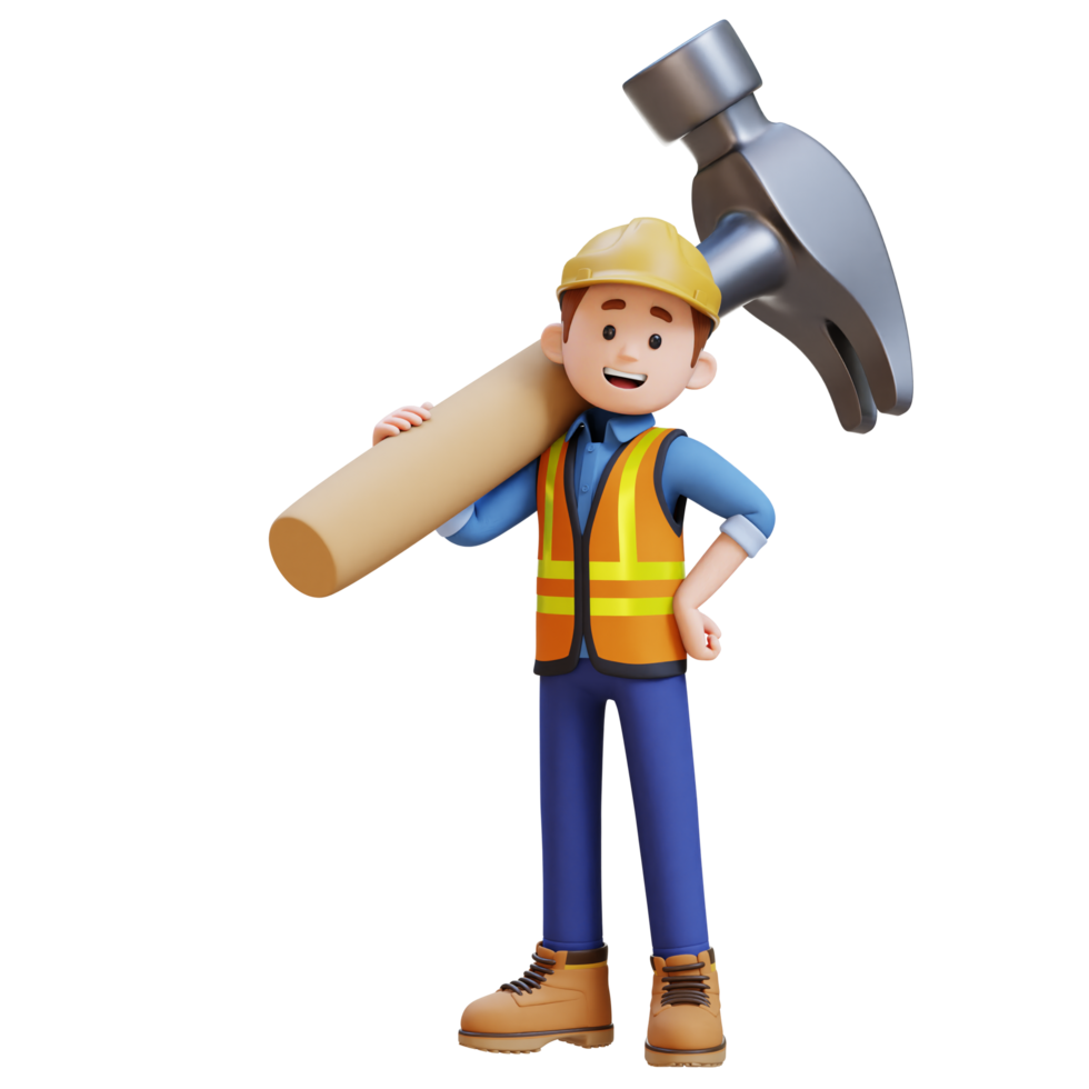 3D Construction Worker Character Carrying Big Hammer on Shoulder png