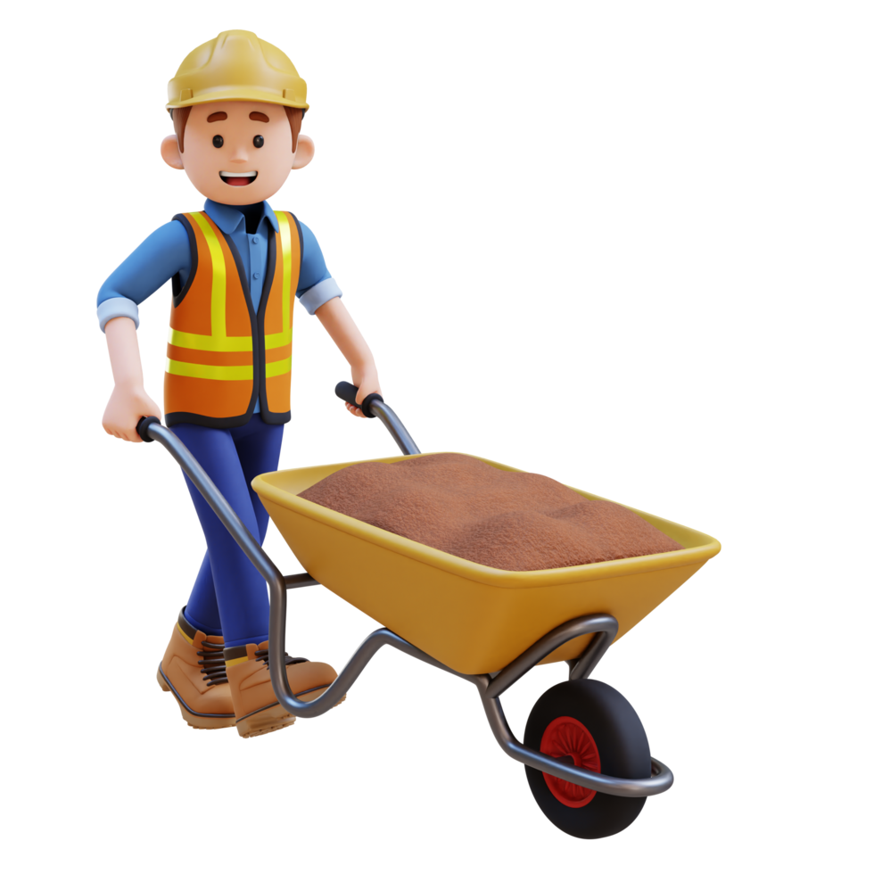 3D Construction Worker Character Carrying Cement with Wheelbarrow png