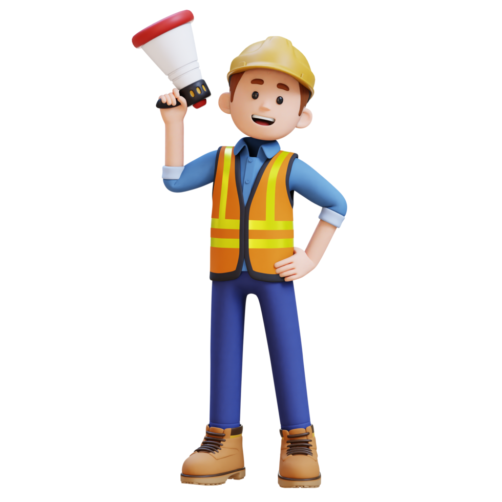 3D Construction Worker Character Holding Megaphone png