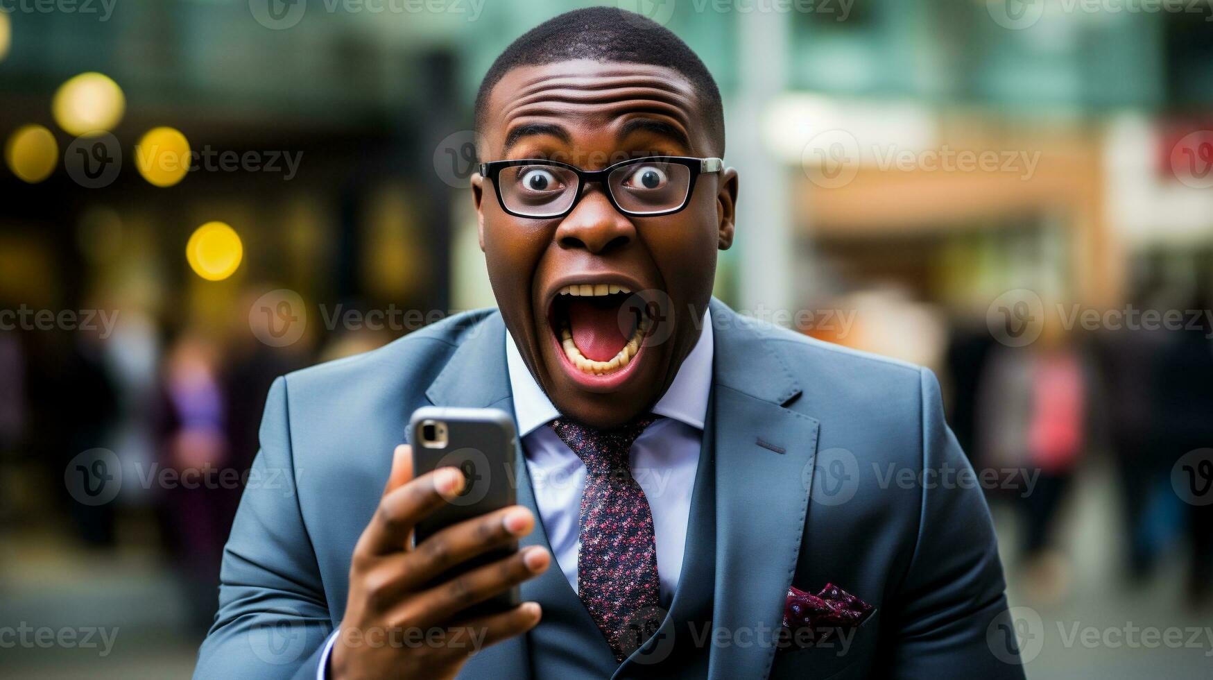AI generated Shocked african american businessman with mobile phone in the city photo