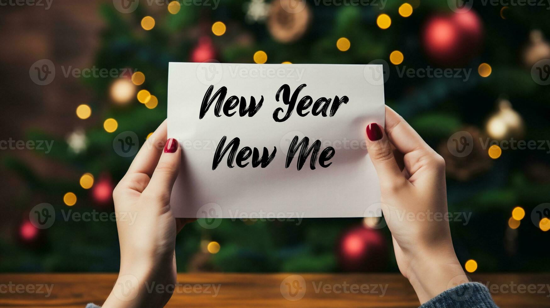 AI generated Closeup on businessman holding card with text New Year New Me with blurred background photo