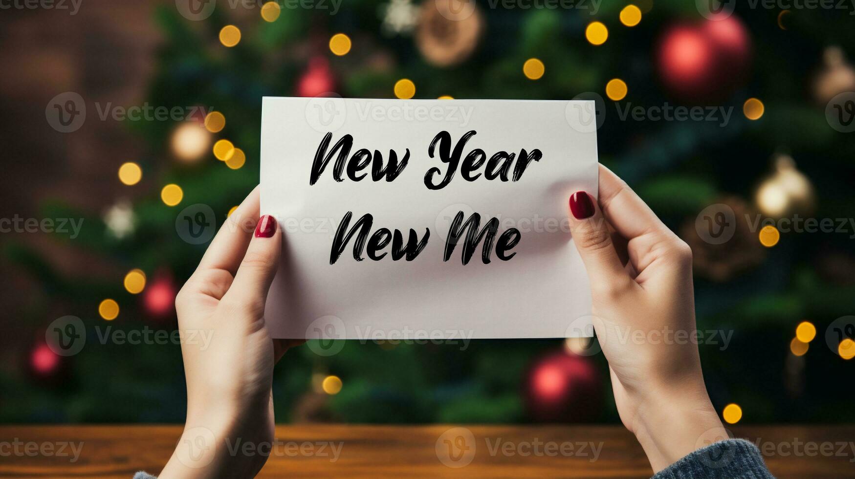 AI generated Closeup on businessman holding card with text New Year New Me with blurred background photo