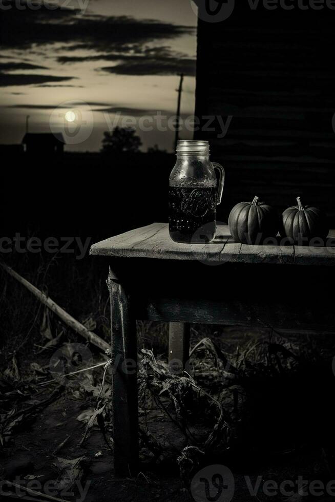 AI generated Pumpkin juice in a glass jar on a wooden table against the background of a sunset photo