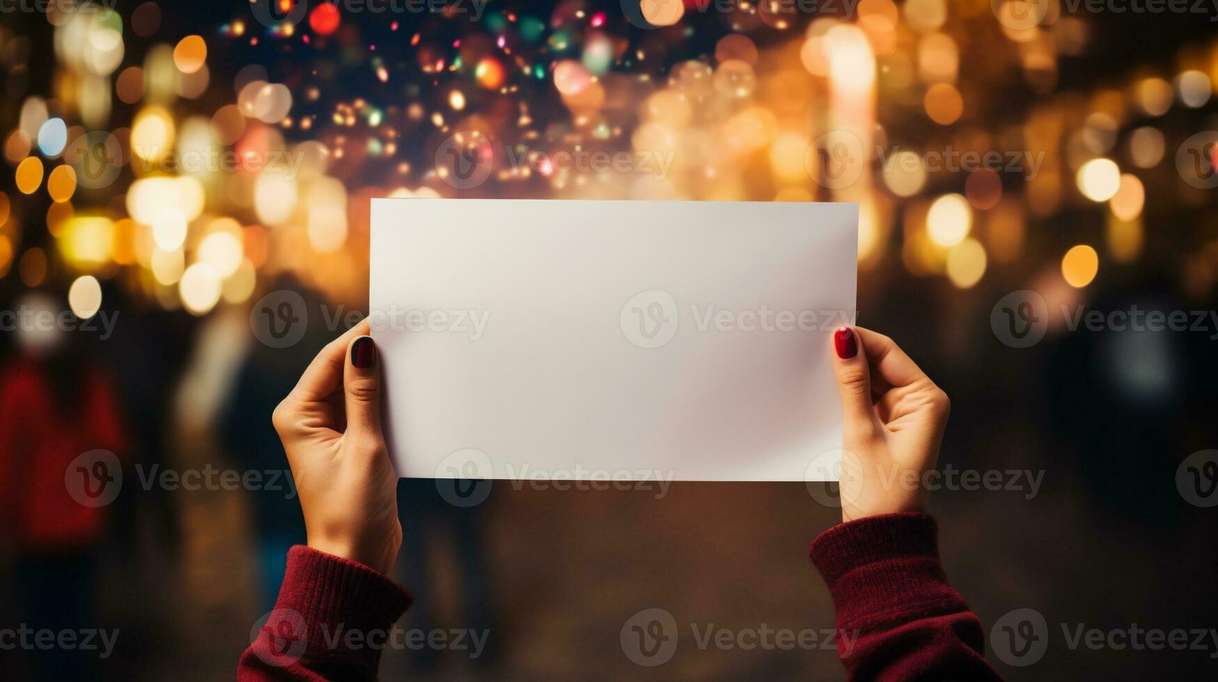 AI generated Woman hands holding blank paper sheet with bokeh lights background. photo