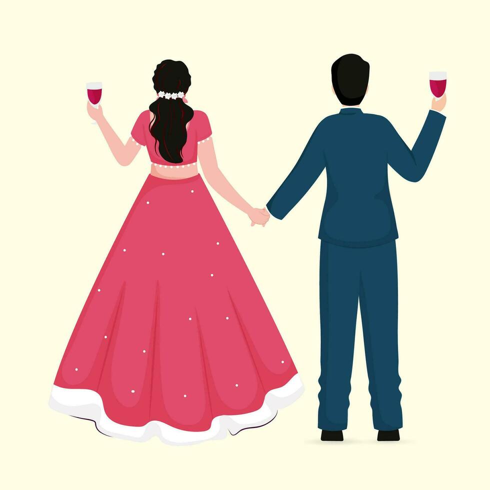 Rear View of Indian Newlywed Couple Holding Hands with Drink Glasses in Standing Pose. vector