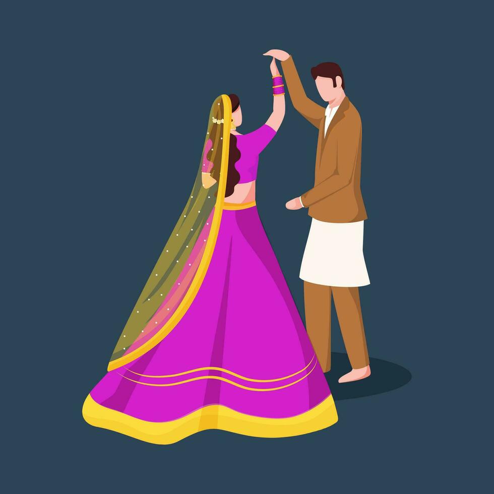 Indian Newlywed Couple Performing Dance for Sangeet Ceremony or Reception. vector